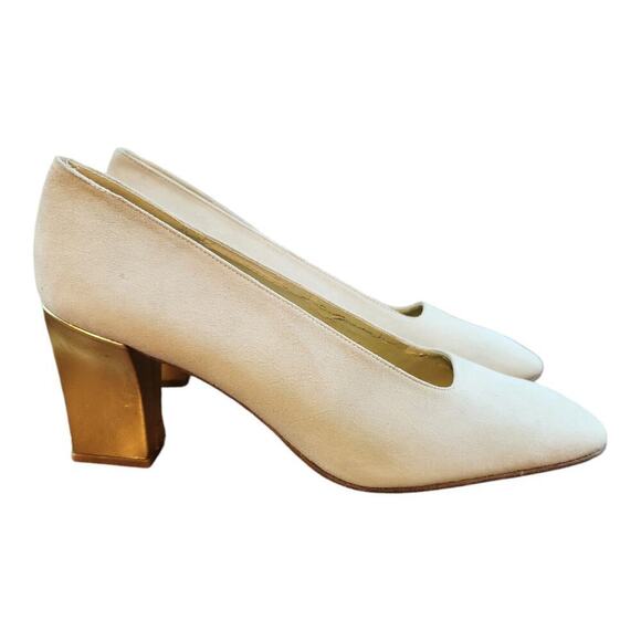 Red by Ramon Tenza leather heels made in Spain cream gold square heel shoes vtg - Picture 2 of 16